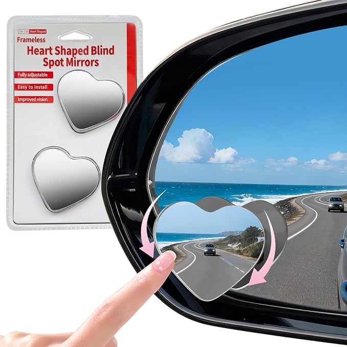 Heart Shaped Blind Spot Mirrors for Car 2 Pack - HD Glass Frameless, Adjustable Angle Wide View Convex Mirror Stick to Side Mirror Blindspot, Cute Girly Heart Car Accessories for Women