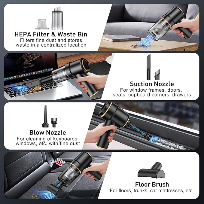 Handheld Car Vacuum Cleaner, 9000PA Vacuum Cleaner & Air Duster, 120W High Power Vacuum Portable Cordless, Hand Held Vacuum Rechargeable with Multi-Nozzles & LED Light for Home, Car, Office