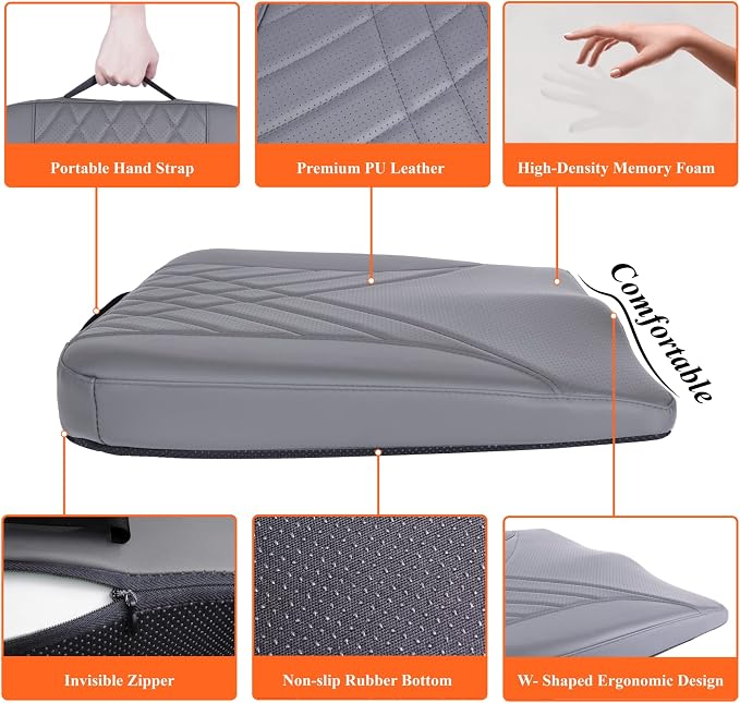 Premium Car Seat Cushion, Memory Foam Driver Seat Cushion to Improve Driving View- Coccyx & Lower Back Pain Relief - Seat Cushion for Car, Truck, Office Chair (Leather Gray)
