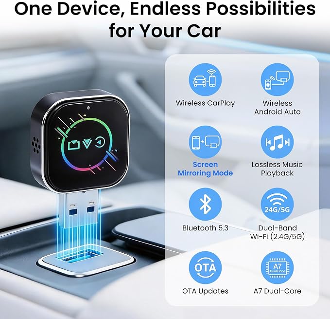 Wireless CarPlay Adapter for iPhone＆Android - 3 in 1 Dual Band WiFi 2.4G/5G & Bluetooth 5.3 Airplay Mirror Link CarPlay Dongle with USB-A/Type-C Port, Plug & Play, OTA Update
