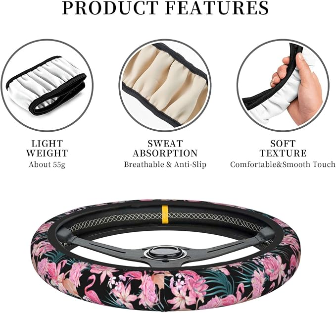 Tropical Flamingo Steering Wheel Cover Non-Slip Auto Steering Wheel Protector Car Accessories Universal Fit 15 Inches for Men Women