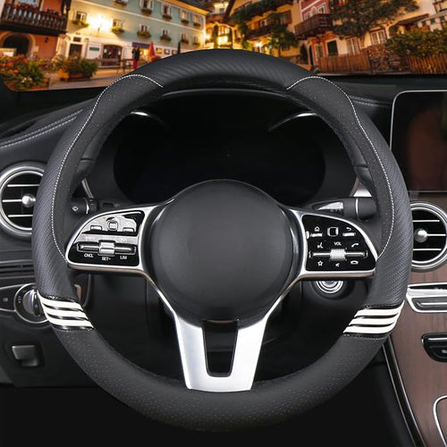 14 inch Cute Steering Wheel Cover for Women Men Faux Leather and Carbon Fiber,Black