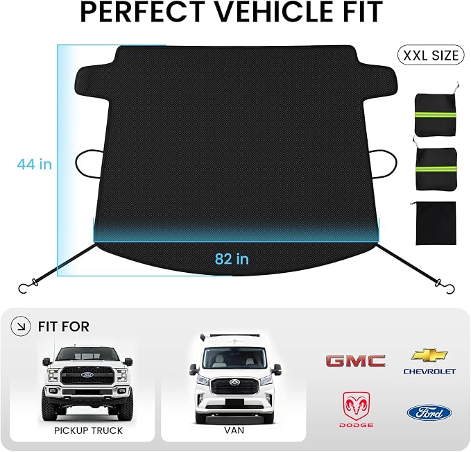 Windshield Cover for Ice and Snow [3-Second Snow Removal & 7-Layer Full Coverage] 6-Point Snowproof Fixation & Reflective Mirror Covers, Fits Pickup Trucks and Vans XXL (82'' x 44'')