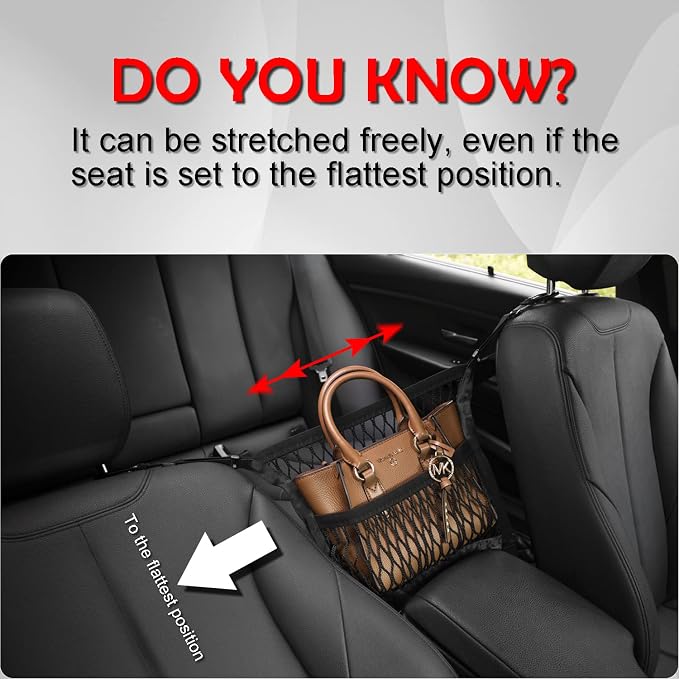 Car Organizer Between Front Seats, Purse Holder, Dog Barrier, Mesh Net Bag | Car Accessories, 3 Layers Net 2 Pockets Storage Bag, Purse Handbag Holder, Backseat Kid Pet Barrier, Black, Patented