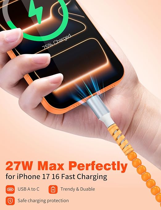 USB A to USB C Cable 6FT,Beaded Phone Charger Cord for iPhone 17 16 Pro Max 16e 15 Car Play,Type C Cute Car Charger Charging Cord for iPad 10 11/Samsung S26 S25 Ultra/Pixel/Android Girls Women,Orange
