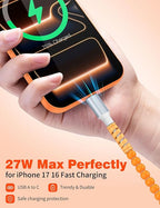 USB A to USB C Cable 1FT,Beaded Phone Charger Cord for iPhone 17 16 Pro Max 16e 15 Car Play,Type C Cute Car Charger Charging Cord for iPad 10 11/Samsung S26 S25 Ultra/Pixel/Android Girls Women,Orange