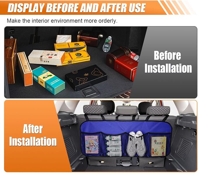 Car Trunk Organizer, Large Capacity Backseat Hanging Storage Bag with 4 Pockets, Waterproof Foldable Car Interior Organizing Accessories, Universal for SUV, Truck, Van, MPV (Blue)