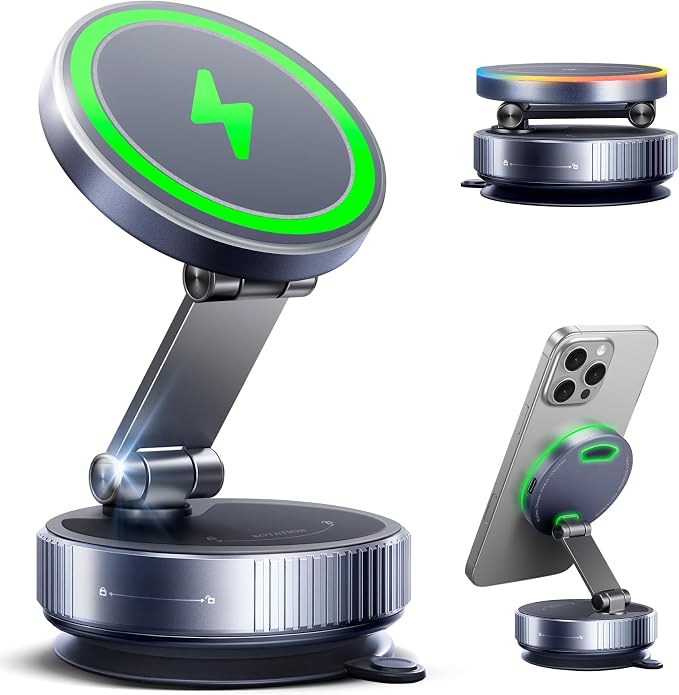 MagSafe Car Charger Mount, 15W Fast Wireless Charging Phone Holder, 108LB Vacuum Suction Cup & 3800gf Strong Magnet, 360° Adjustable Dashboard Windshield Mount for iPhone 17 Pro Max/17 Air/16-12