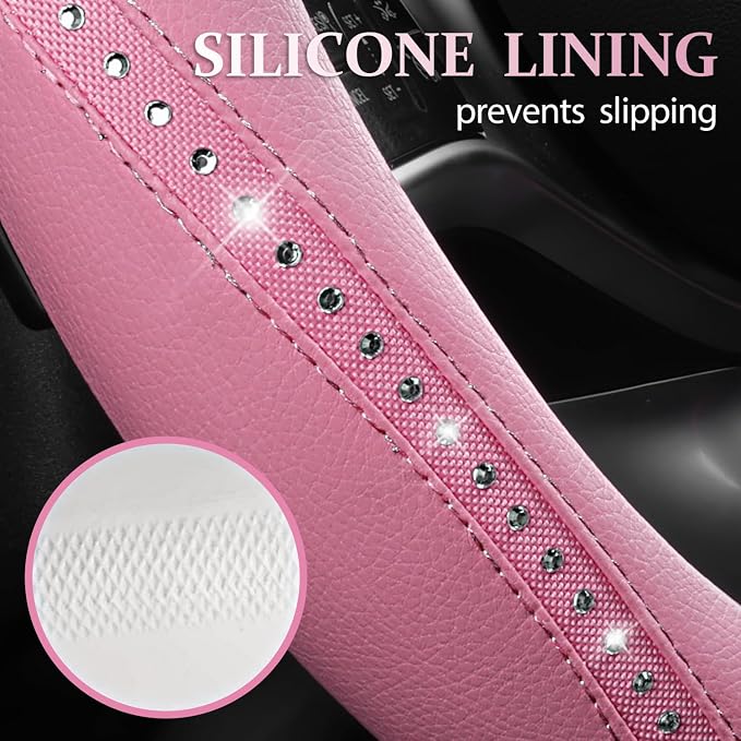 Bling Diamond Pink Leather Steering Wheel Cover, Studded Shining Rhinestones Universal Fit 14" 1/2-15" Glitter Sparkly Crystal Fit for Women Girl SUV,Vans,Sedans,Car,Trucks, Pink Diamond