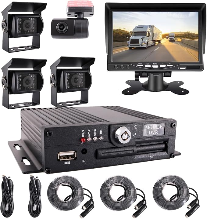 4 Channel 1080P AHD Mobile Vehicle Car DVR Black Box Video Recorder Kit with 4pcs Waterproof Side Rear View Backup Night Vision IR Car Camera 7" HD Car Monitor