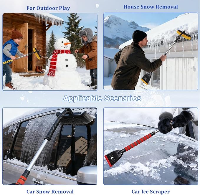 Car Snow Brush and Ice Scraper, 2 in 1 Detachable Aluminum Vehicle Snow Removal Tool with Ergonomic Foam Grip for Windshield, Automotive Ice Shovel Tool Accessories, Universal Fit (Red/Gray)