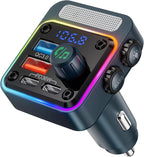 54W Bluetooth 5.3 Car Adapter with 4 Charging Ports [PD 36W & QC3.0 18W], Wireless Radio FM Transmitter with Deep Bass Player & 5 Colors LED Backlit, Hands-Free Calling - Blue