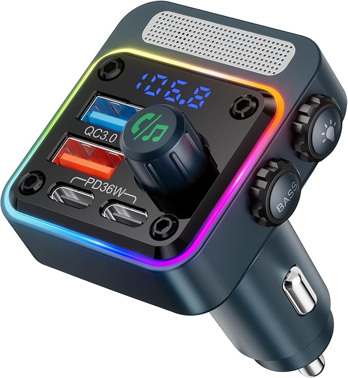 54W Bluetooth 5.3 Car Adapter with 4 Charging Ports [PD 36W & QC3.0 18W], Wireless Radio FM Transmitter with Deep Bass Player & 5 Colors LED Backlit, Hands-Free Calling - Blue