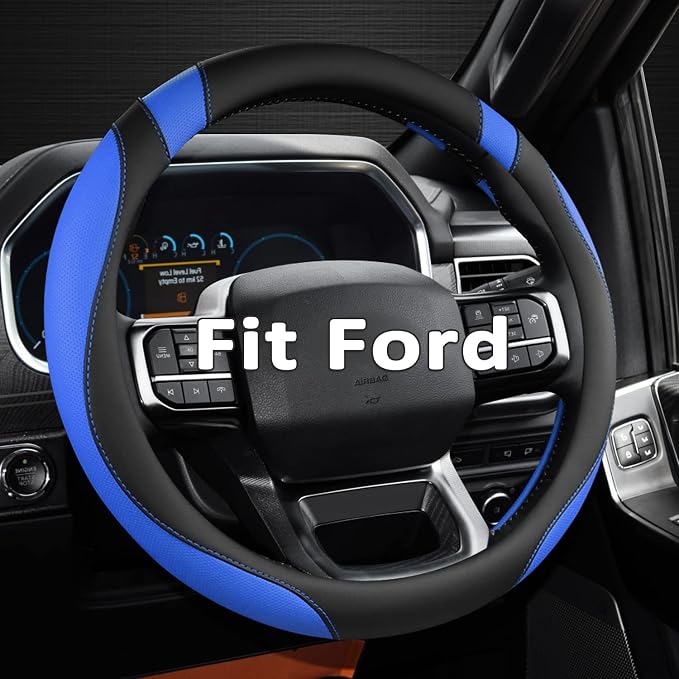 Customized Auto Car Steering Wheel Cover for Ford F-150, F-250, F-350, Expedition (Black+Blue)