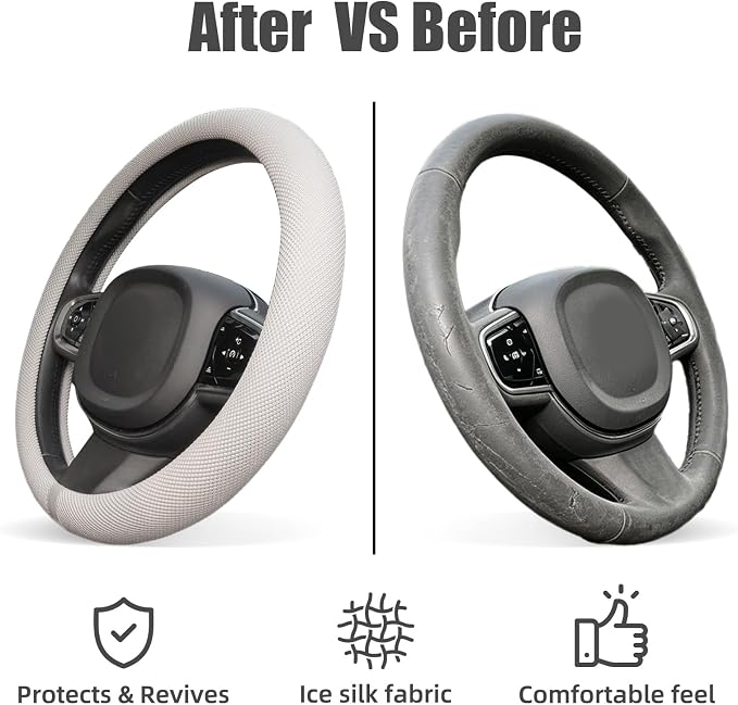 15 Inch Cooling Steering Wheel Cover for Women, Non-Slip Breathable Cooling Car Steering Wheel Cover with Upgraded Silicone Inner Ring Fits Round/D Shape, Warm in Winter Cool in Summer, White Gray