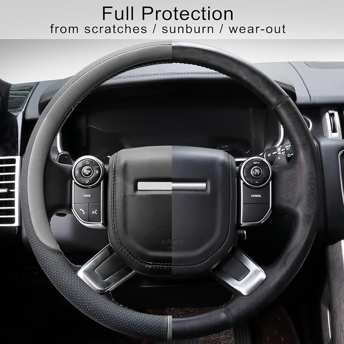 Breathable Car Steering Wheel Cover 16 inch Auto Universal Leather Wrap Non-Slip Steeringwheel Protector Automotive Interior Accessories, Grey (Suit for 15.5-16 inch)