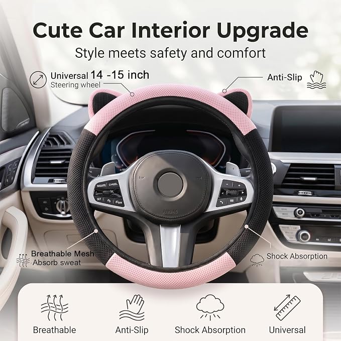 Steering Wheel Cover with Ears Keychain Fit 14-15 inch Black Pink | Cute Ears Car Steering Wheel Covers for Women Girls Elastic Breathable Steering Wheel Protector Accessories Universal Size