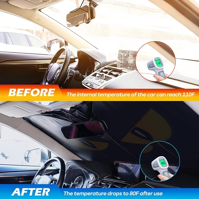 Car Windshield Sun Shade - Reflector Sunshade Offers Ultimate Protection for Car Interior, Cool Reflective Sun Blocker Fits Small Sedans, Mini SUVs