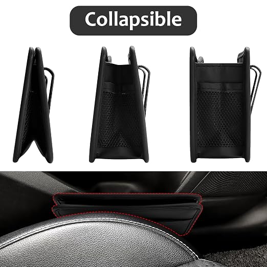 Collapsible Car Trash Can, Leather Vehicle Garbage Organizer Bin Holder with One Roll Trash Bag, Foldable Hanging Mini Cars Storage Bag Container for Auto, SUV (Black)