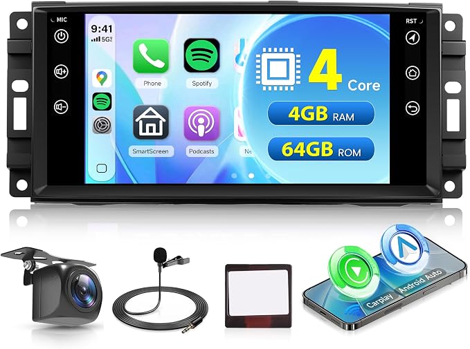 4G+64G Car Stereo for Jeep Wrangler JK 2007-2018 Dodge Ram 1500 2008-2012 with Wireless CarPlay Android Auto, 7 Inch Android Car Radio GPS Navigation WiFi SWC Bluetooth FM with Backup Camera