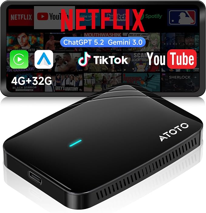 Wireless CarPlay&Android Auto Adapter Magic AI Box 4GB+32GB | Dual-WiFi Stability Enjoy Video & Music Apps, Compatible with Wired Factory CarPlay&Android Auto, Support for YouTube/Netflix