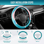 Steering Wheel Cover, Pink Patterned & Blue Leather Patchwork Design, Universal Fit 14.5"–15.5", Anti-Slip, Odor-Free, Soft PU Grain Leather, Durable Grip Car Accessory for Girls & Women