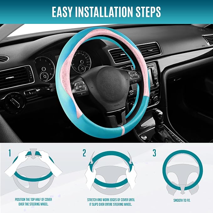 Steering Wheel Cover, Pink Patterned & Blue Leather Patchwork Design, Universal Fit 14.5"–15.5", Anti-Slip, Odor-Free, Soft PU Grain Leather, Durable Grip Car Accessory for Girls & Women