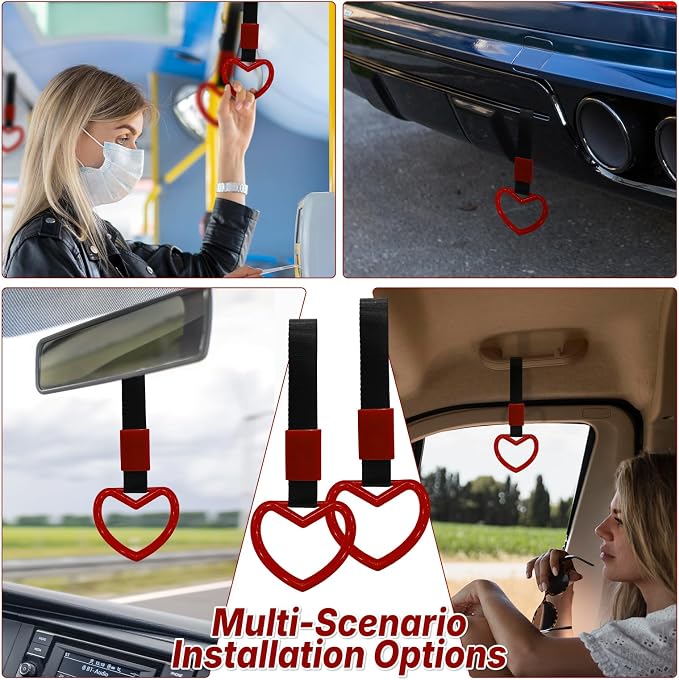 2 Pcs Heart Shaped Car Handle Strap – Drift Charm Rear Bumper Warning Ring Decor for Car Interior Exterior, Subway Bus Handle Accessory, Cute Heart Car Decor Gift for Women & Men (Red)