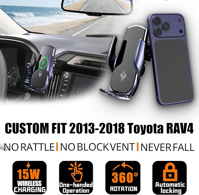 Car Phone Mount for Toyota RAV4 2013-2018 | 15W Wireless Fast Charging, Auto-Clamping Center Console, One-Hand Operation, 360° Adjustable, Without Blocking Airflow