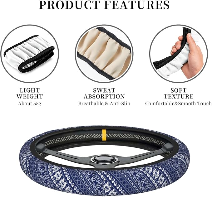 Lace Steering Wheel Cover Car Elastic Steering Wheel Protector | Bohemian Anti-Slip Breathable Car Accessories Interior for Women Men Universal 15 Inch Fit Auto SUVs Vans Truck