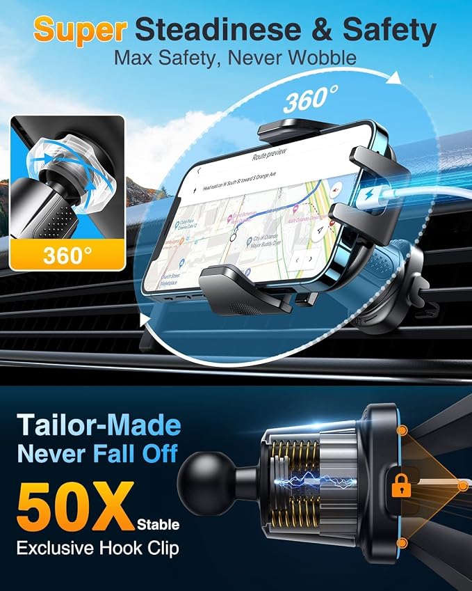Phone Holders for Your Car Ultimate Military-Grade Car Phone Holder Mount【Patent & Safety Certs】Upgraded Shockproof Truck Air Vent Phone Mount for iPhone 17 Pro Max 16 Samsung Android,Silvery