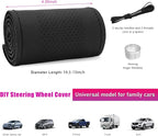 Genuine Leather Steering Wheel Cover, Stitch on Wrap, Breathable Anti-Slip Car Steering Wheel Protector for Max Diameter 15 Inch, DIY Sewing with Needles Thread (Black, Middle Hole)