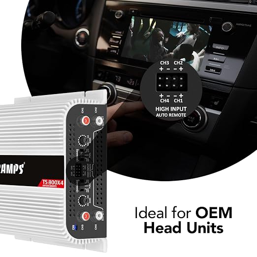 TS 800x4 1 Ohm Multichannel Stereo Amplifier 800 Watts Rms, 4 Channels, Full Range, Car Audio Amp Digital 2 Bridged Channel, Crossover High/Low Pass, with RCA and Automatic High Level Input