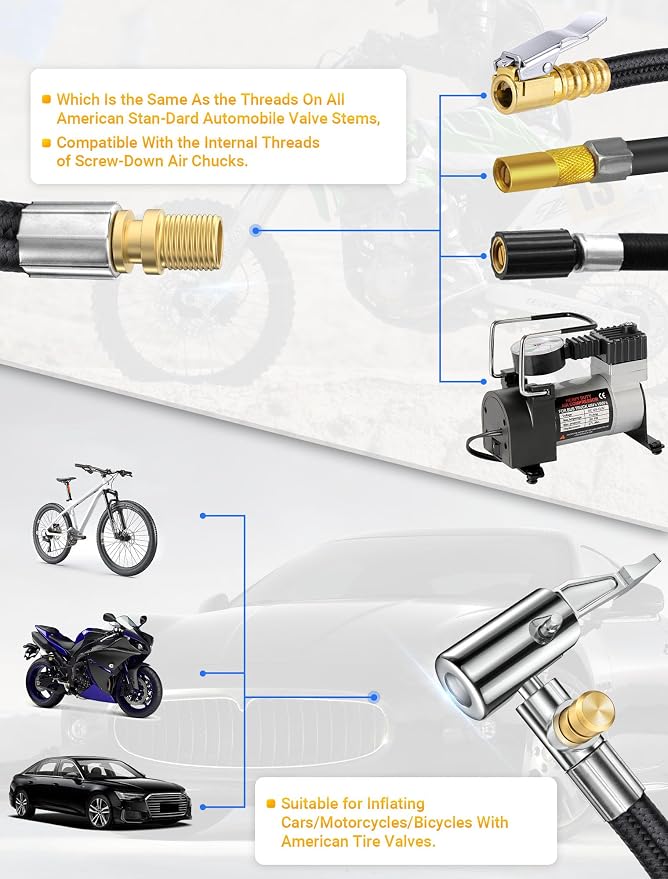 20 Inch Tire Inflator Hose Adapter, Car Air Hose Self-Locking Air Chuck w/Tire Schrader Valve Fine Thread & Presta Valve Adapter, Quick Connect & Release for Pump Air Compressor Attachments