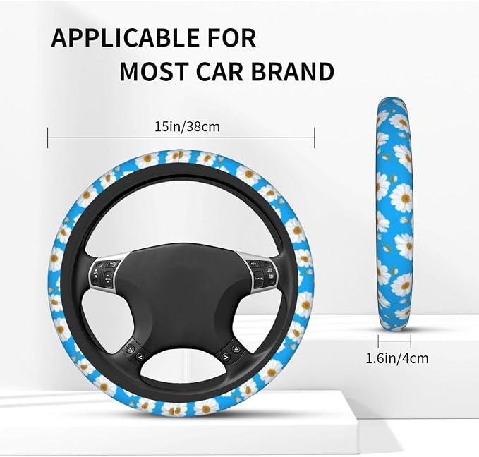 Daisy Steering Wheel Cover Daisy Blue Steering Wheel Cover Anti-Slip Breathable 15 Inch Universal 2 Pcs Car Interior Cup Holder Pad for Men Women