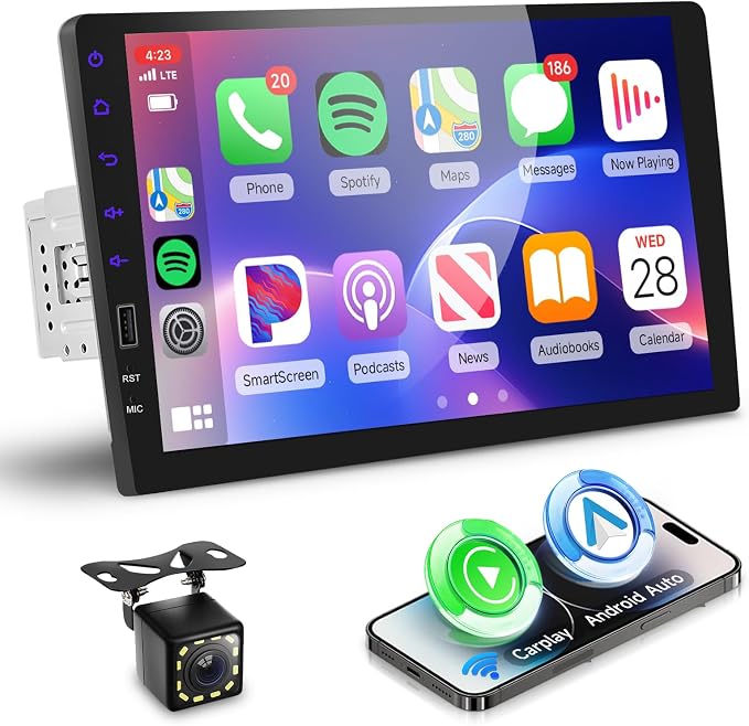 Single Din Car Stereo with 9 Inch IPS Touch Screen, Wireless CarPlay & Android Auto, Bluetooth, FM/AM/RDS Radio, Online Video, Mirror Link,EQ,SWC,USB,Backup Camera & RGB Button Lights
