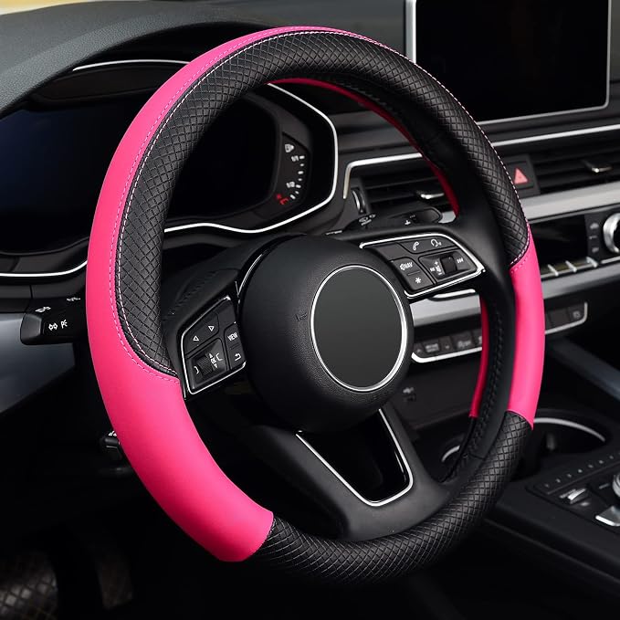 Steering Wheel Cover, Universal Fit 15 Inch Microfiber Leather Car Wheel Protector, Anti-Slip, Pink