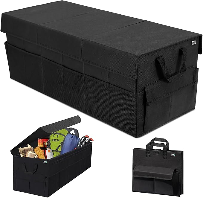 Trunk Organizer with Lid, 72L Large Capacity Car Organizer, 12 Pockets with Non-Slip Bottom, Collapsible 3 Compartments Car Storage Organizer for Suv/Jeep/Sedan/Van/Grocery, Black