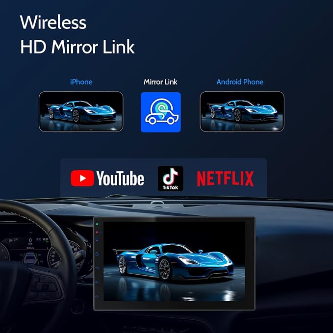 Double Din Car Stereo Radio with 7 inch HD Touchscreen, Wireless Apple Carplay & Android Auto, Bluetooth, SWC, Mirror Link, AUX,FM Car Radio Receiver(No backup reversing camera)|for All Vehicle