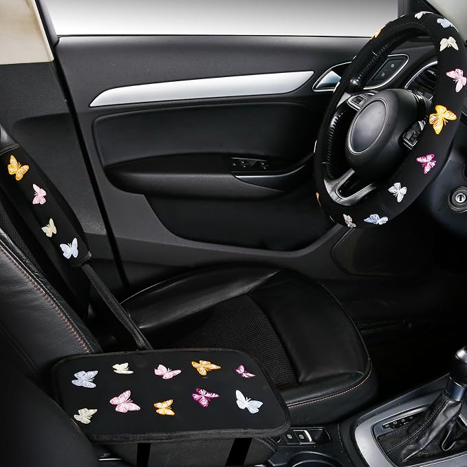 Embroidery Cute Steering Wheel Cover Butterfly Decor+Center Console Cover+Belt Cover,Anti-Slip,Sweat Absorption,3pcs