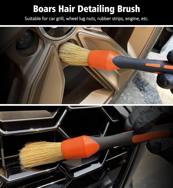 3pcs Car Detailing Brush Set, Boars Hair Detailing Brushes, Ultra Soft Detail Brush for Air Vent Leather Seat, Scratch Free Car Detailing Brushes for Interior Exterior, Orange