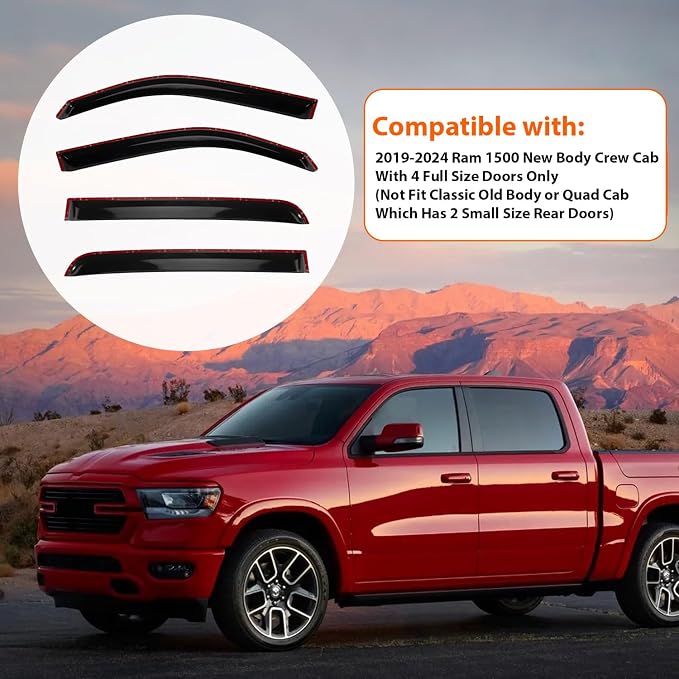 Window Visor Rain Guards Compatible with 2019-2024 Dodge Ram 1500 New Body Crew Cab with 4 Full Size Doors, Tape-On Wind Deflectors Vent Visors for Trucks Accessories