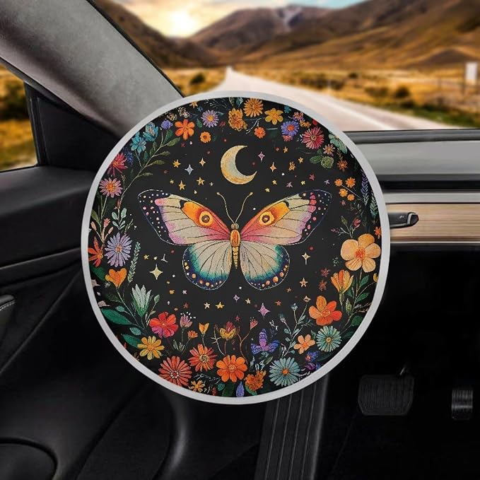 Butterfly Car Steering Wheel Cover Sun Shade,Anti-Heat Steering Wheel Protector,Universal 17 inch Auto Steering Wheel Sun Block Cover,Cute Steering Wheel Accessories for Women