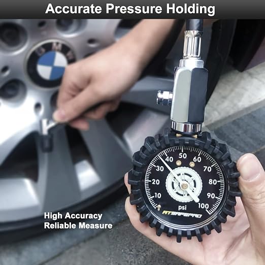 Tire Pressure Gauge 100psi Glow in The Dark, 2.5” Dial Mechanical Tire Gauges for Tire Pressure, Certificated Accuracy Analog Air Pressure Gauge for Cars, Trucks, Bicycles.