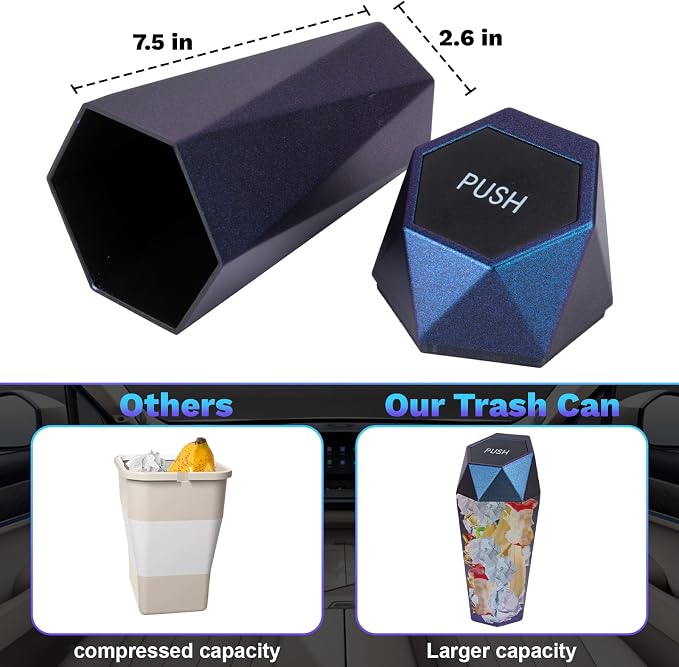 Car Trash Can, Car Trash Bin with Lid, Car Accessories for Women Interior, Car Garbage Can with Additional 2 ABS Hooks and 60pcs Trash Bags, Suitable for Home, Office, Car Organizer, Blue Purple