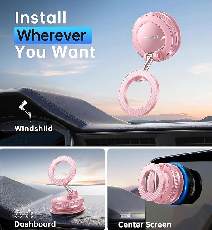 【Newest Vacuum Magnetic Phone Holder for Car Phone Holder Mount【Movable Vacuum Suction】 Magsafe Car Mount Cell Phone Holders for Your Car Accessories for Women Men for iPhone 17 16-Light Pink