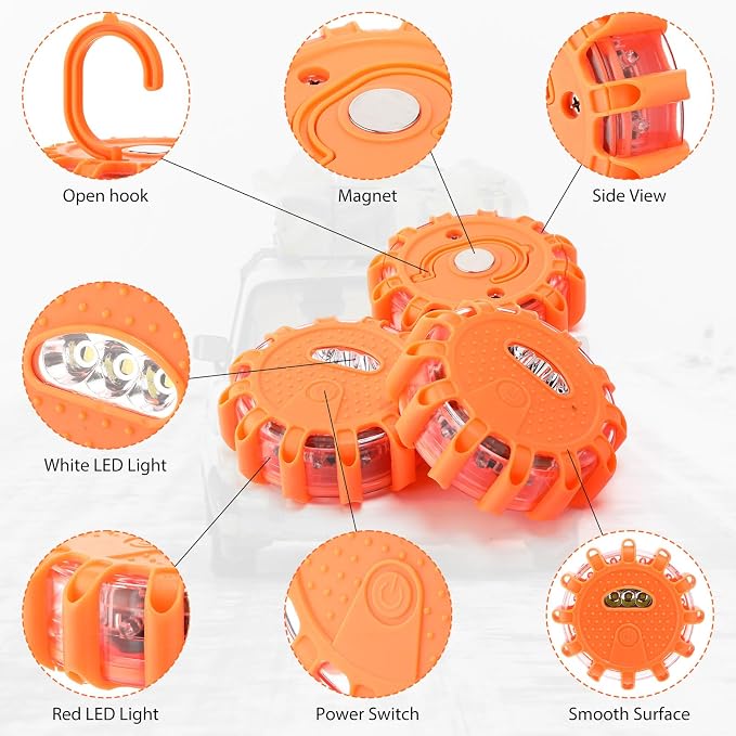 16 Pack LED Road Emergency Roadside Lights Flashing Safety Warning Kit Beacon Magnet Hook Vehicle Boat Truck Disc Magnetic Flash Cars Security Driveway Automotive Strobe