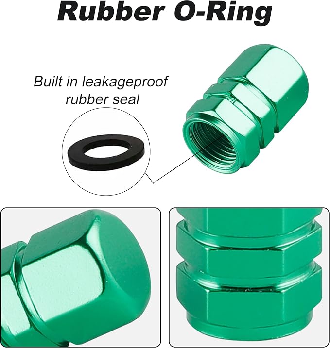 Aluminum Tire Stem Valve Caps Wheel Valve Covers Car Dustproof Tire Cap Cover Accessories, Universal for SUV, Car, Bike and Motorcycle, Hexagon Shape (4PCS Green)