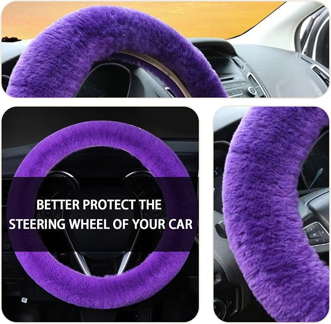 Fuzzy Steering Wheel Cover, 15 inch Soft Wool Fur Steering Wheel Protector, Fluffy Wheel Covers for Winter Warm, Car Interior Decoration Accessories for Women Men (Purple)