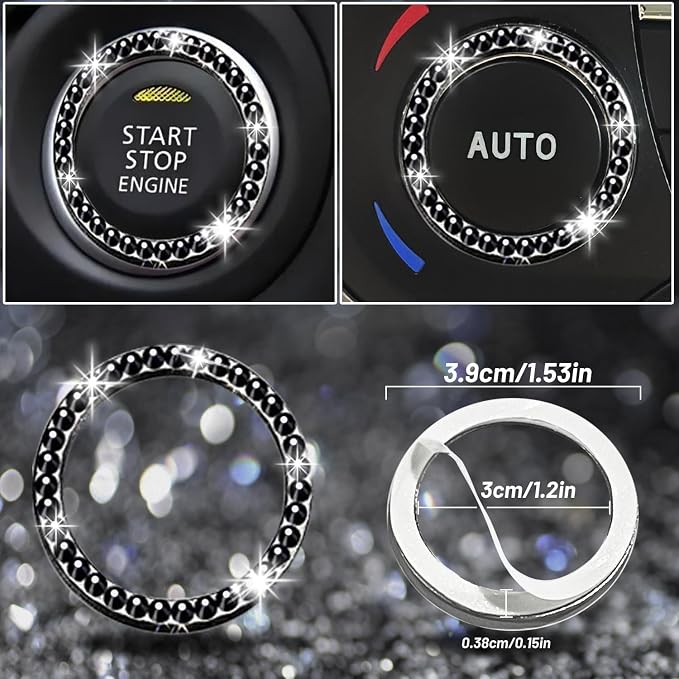 12 Pcs Bling Car Accessories Set for Women Car Floor Mats Full Set Steering Wheel Cover Seat Belt Covers Coasters Universal Fit Car SUV Truck Van Black